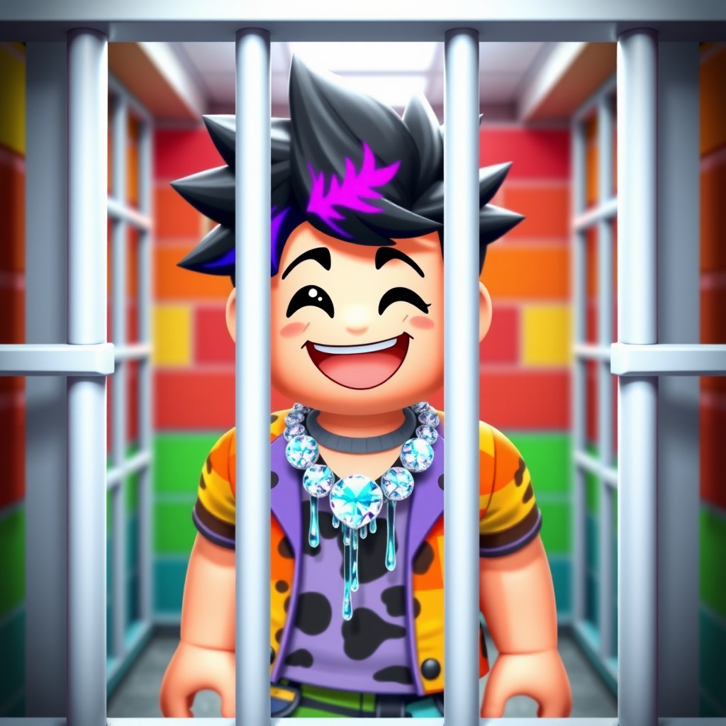 A Roblox character designed as a happy boy in a vibrant jail cell from the game Jailbreak