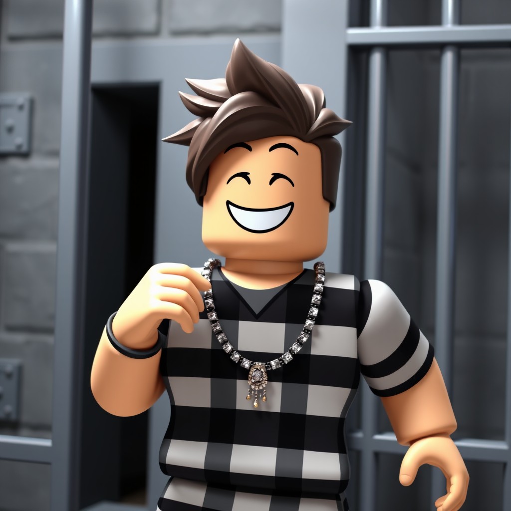 A cheerful Roblox character in a jail setting, wearing classic prison clothes