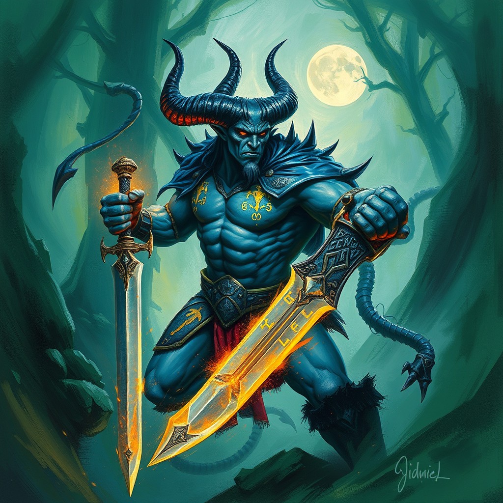 A powerful and mythic black-horned blue demon warrior emerging from a misty, abstracted green forest, wielding a sword that shines with supernatural light