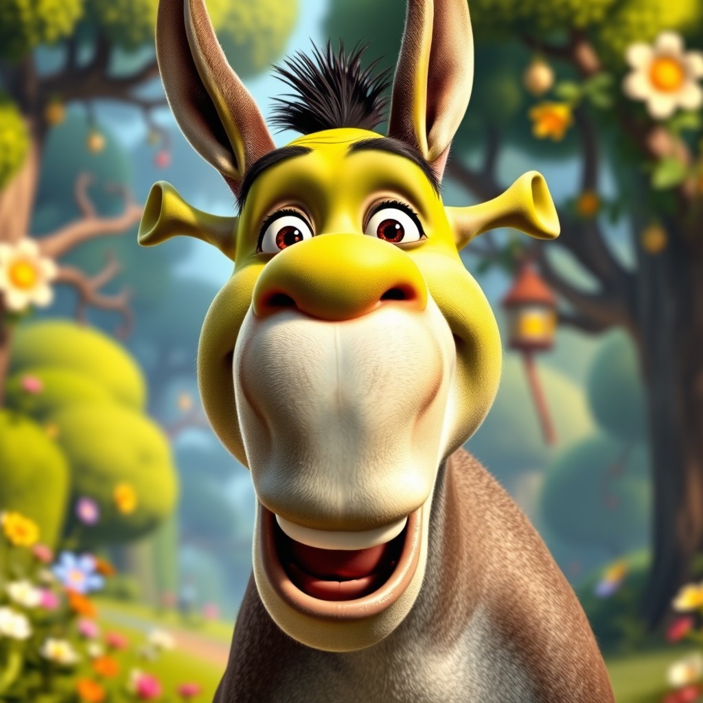 A vibrant and colorful animated portrayal of Donkey from Shrek, featuring exaggerated facial expressions and dynamic poses