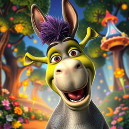 A vibrant and colorful animated portrayal of Donkey from Shrek, featuring exaggerated facial expressions and dynamic poses