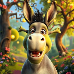 A vibrant and colorful animated portrayal of Donkey from Shrek, featuring exaggerated facial expressions and dynamic poses