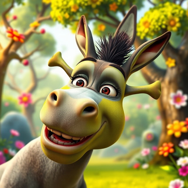 A vibrant and colorful animated portrayal of Donkey from Shrek, featuring exaggerated facial expressions and dynamic poses