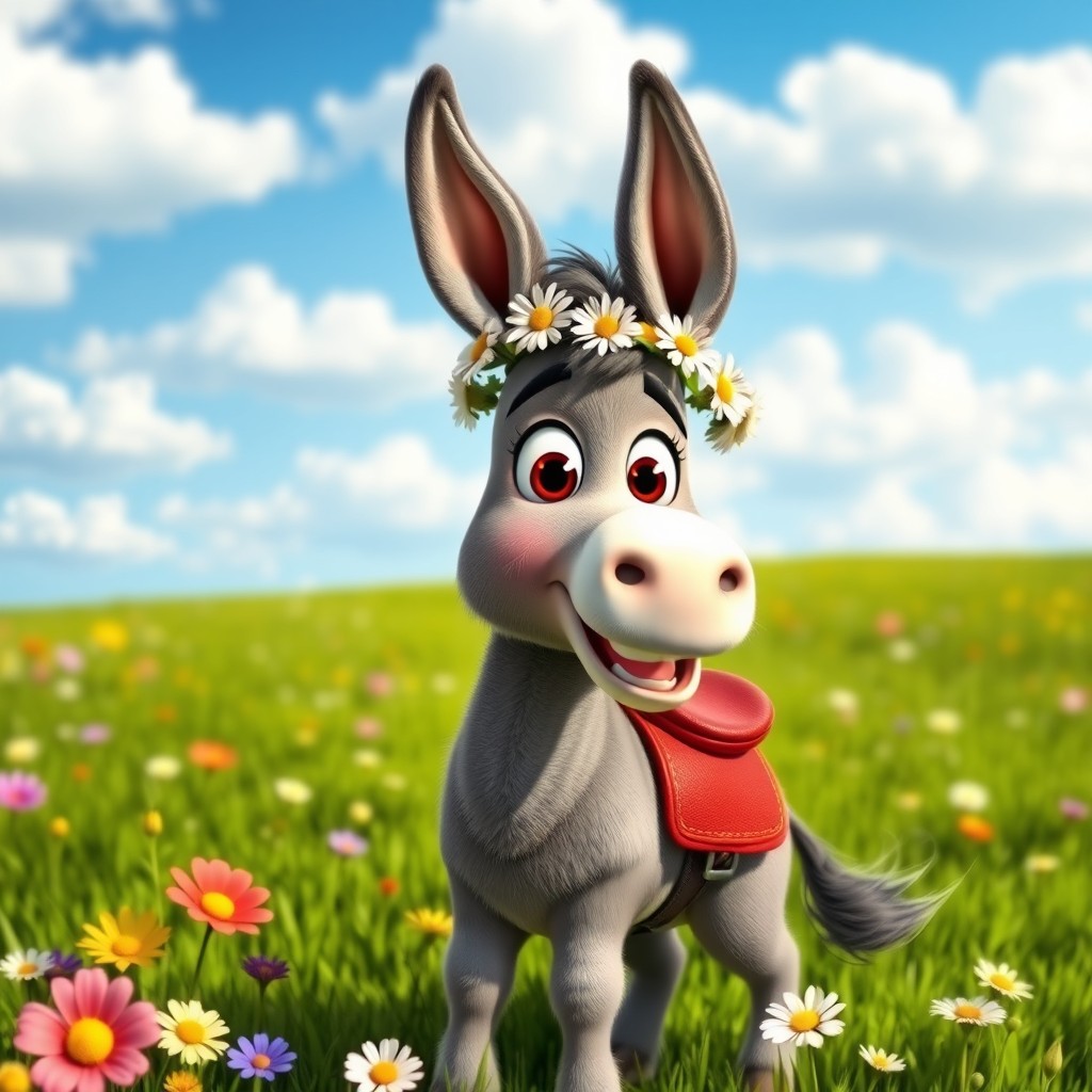 An animated donkey character with a cheerful expression, big expressive eyes, and a playful pose