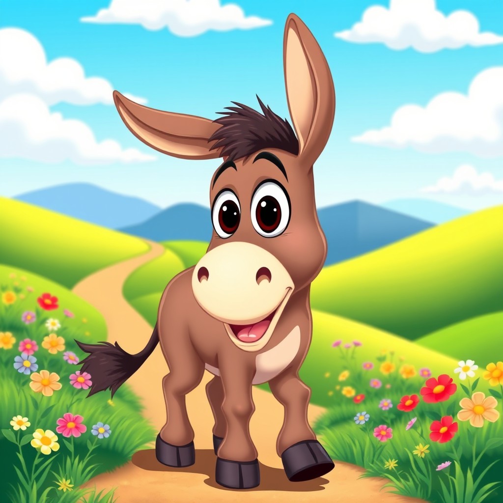 A whimsical, animated donkey character with big expressive eyes and a playful smile, standing in a vibrant, cartoonish landscape filled with colorful flowers and green hills under a bright blue sky