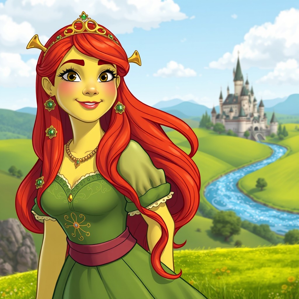 A colorful and detailed animated illustration of Fiona from Shrek, showcasing her vibrant personality and unique features
