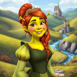 A colorful and detailed animated illustration of Fiona from Shrek, showcasing her vibrant personality and unique features