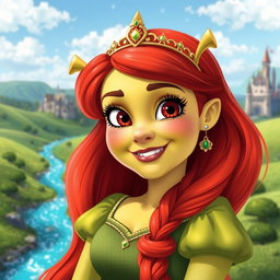 A colorful and detailed animated illustration of Fiona from Shrek, showcasing her vibrant personality and unique features