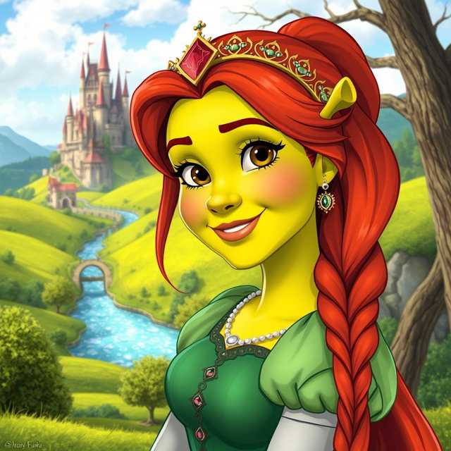 A colorful and detailed animated illustration of Fiona from Shrek, showcasing her vibrant personality and unique features