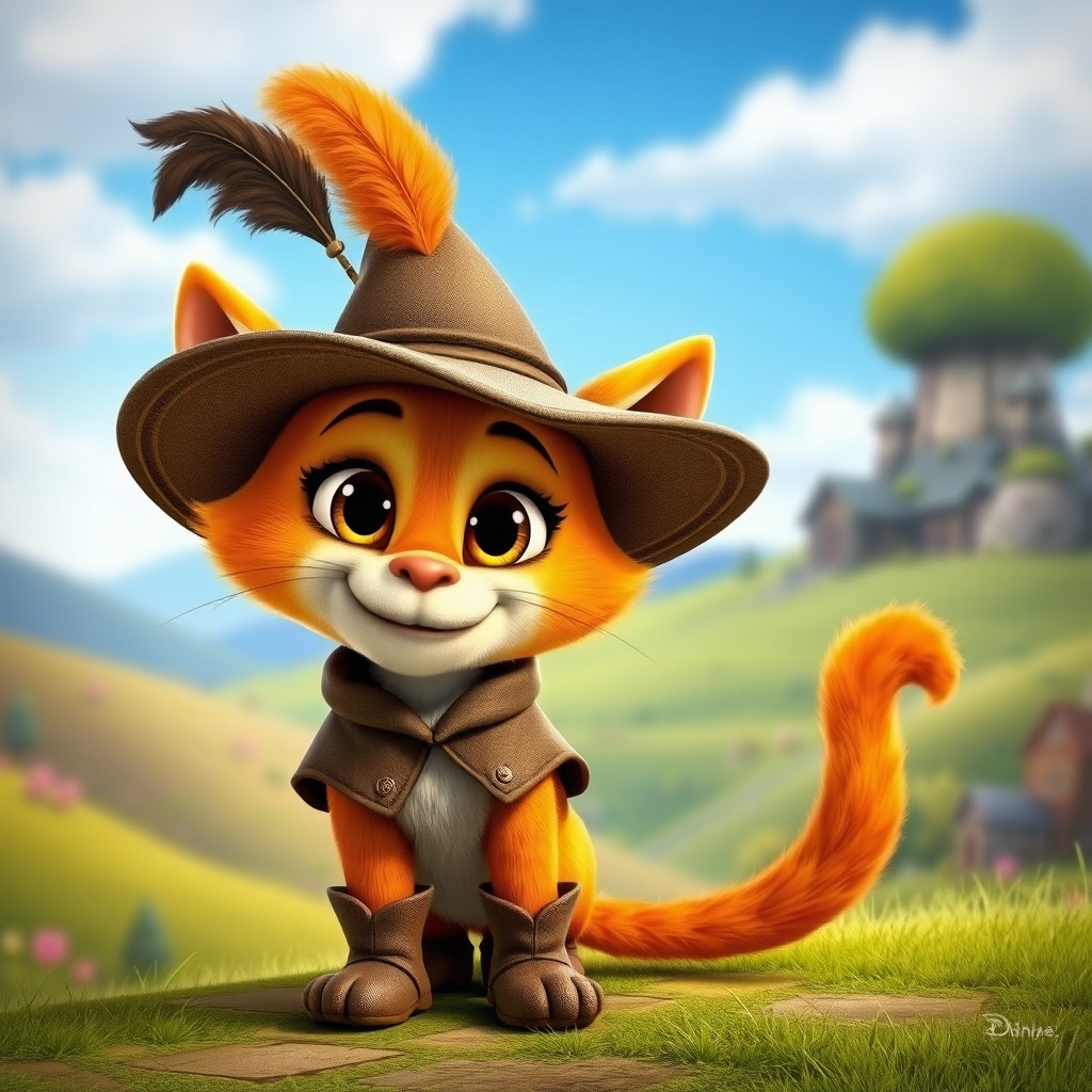 Puss in Boots from Shrek, depicted as a charming animated character with large expressive eyes, wearing a signature wide-brimmed hat adorned with a feather, a small cape, and cute boots