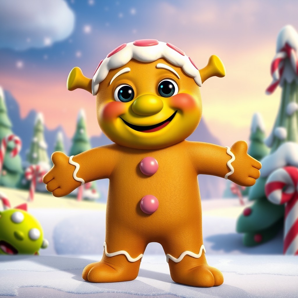 An image of Gingy the Gingerbread Man from the Shrek movie, depicted in a vibrant animated style, showcasing his signature cheerful expression, bright frosting decorations, and lively body language