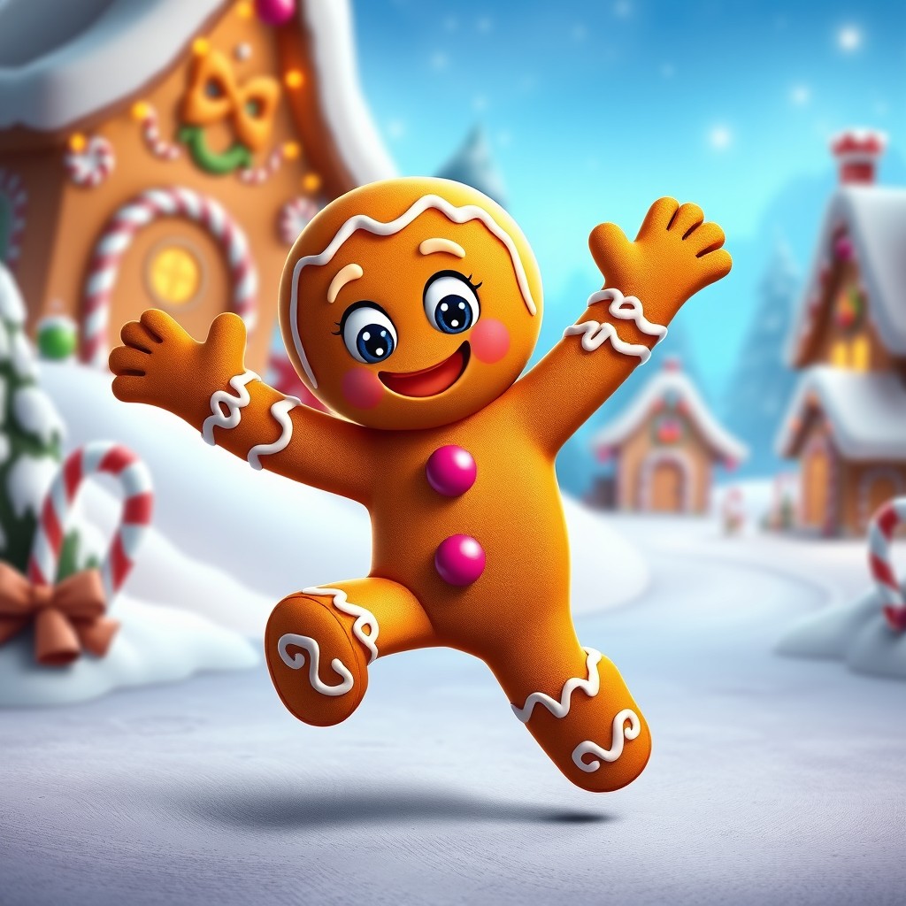 An animated Gingerbread Man character with a cheerful expression, lively eyes, and a playful stance