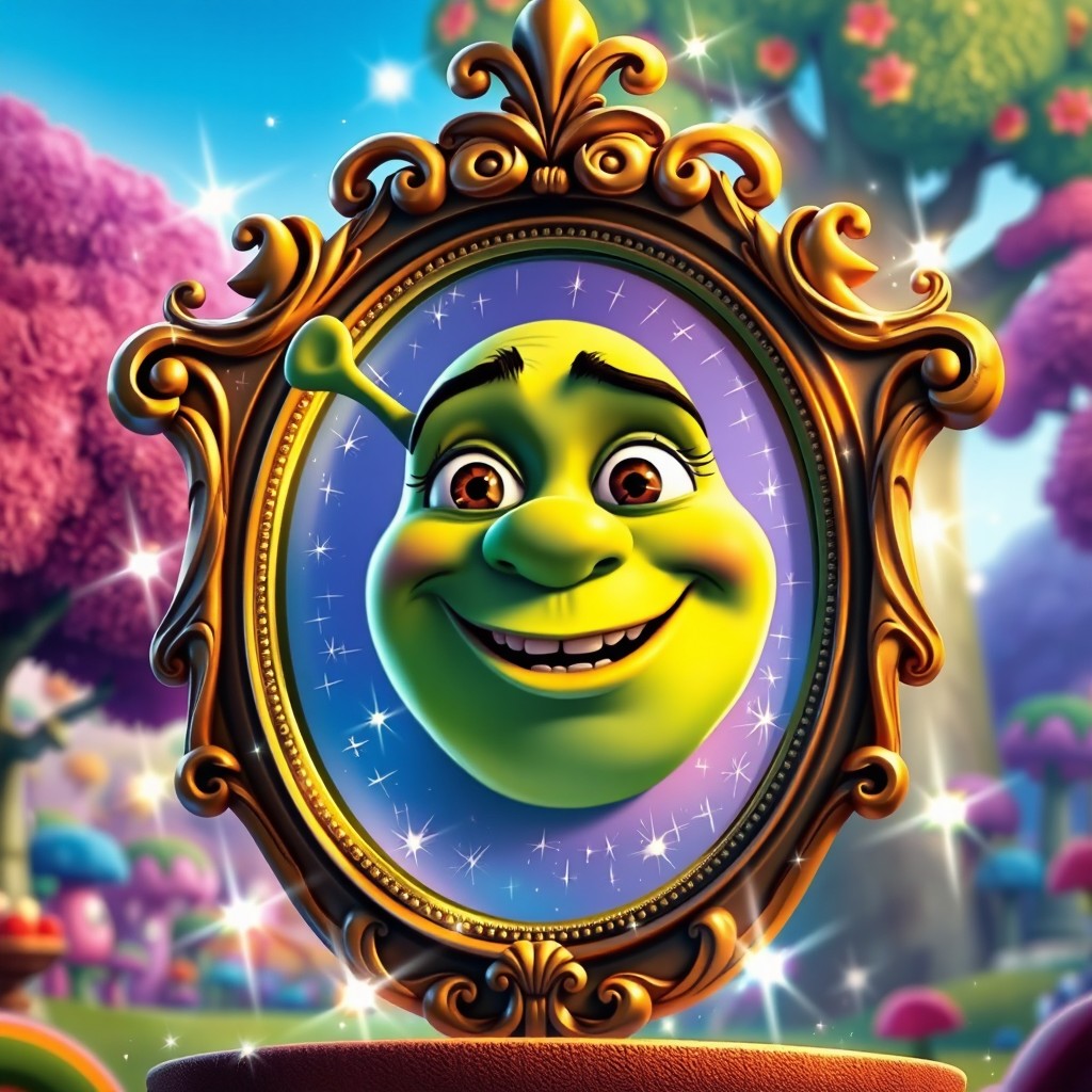 A vibrant animated scene featuring the Magic Mirror from the Shrek movie, characterized by its distinct blue face and ornate frame