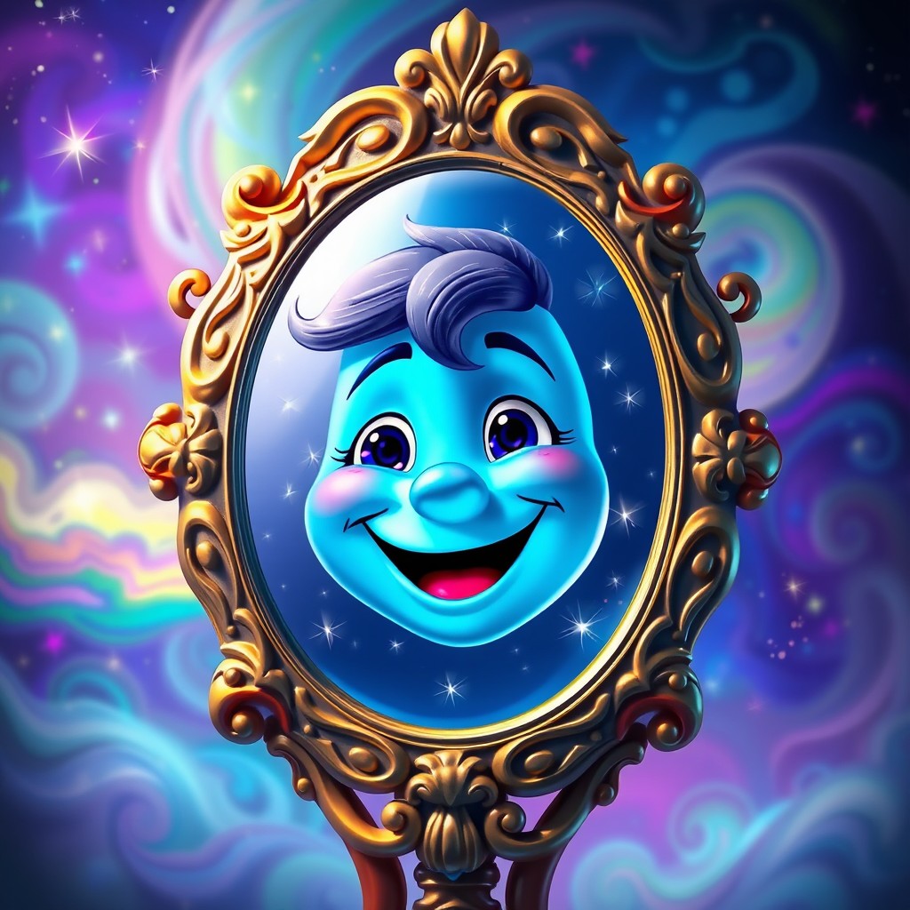 A magical mirror with a vibrant, happy blue face that radiates joy