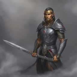 High-quality digital art of a Githyanki Paladin in ornate black and silver armor, embellished with red gemstones, wielding a silver longsword