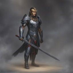 High-quality digital art of a Githyanki Paladin in ornate black and silver armor, embellished with red gemstones, wielding a silver longsword