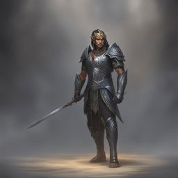 High-quality digital art of a Githyanki Paladin in ornate black and silver armor, embellished with red gemstones, wielding a silver longsword