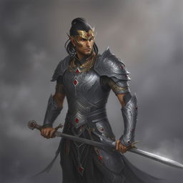 High-quality digital art of a Githyanki Paladin in ornate black and silver armor, embellished with red gemstones, wielding a silver longsword