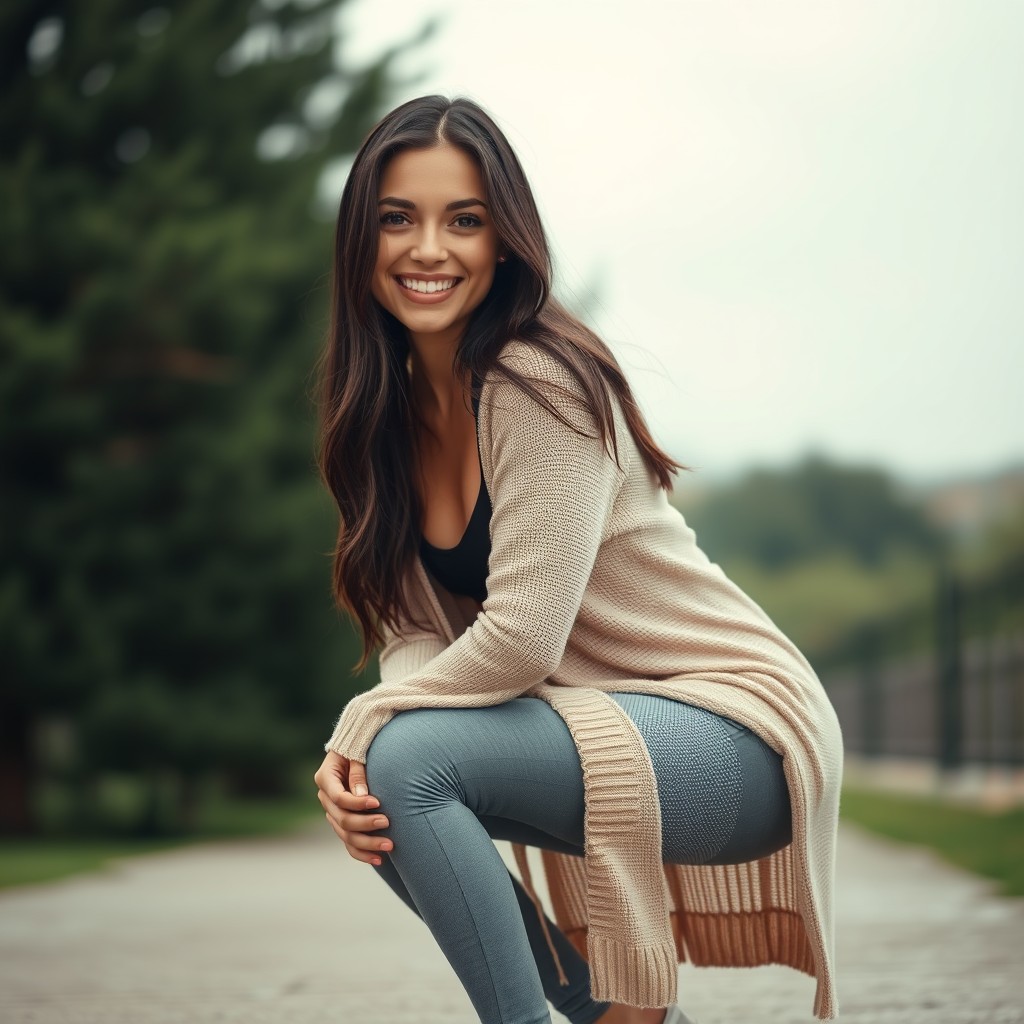 A beautiful and cute Latina woman with long brunette hair, smiling warmly at the viewer while performing a squat in stylish yoga leggings, complemented by a long, open sweater that adds a trendy touch to her outfit