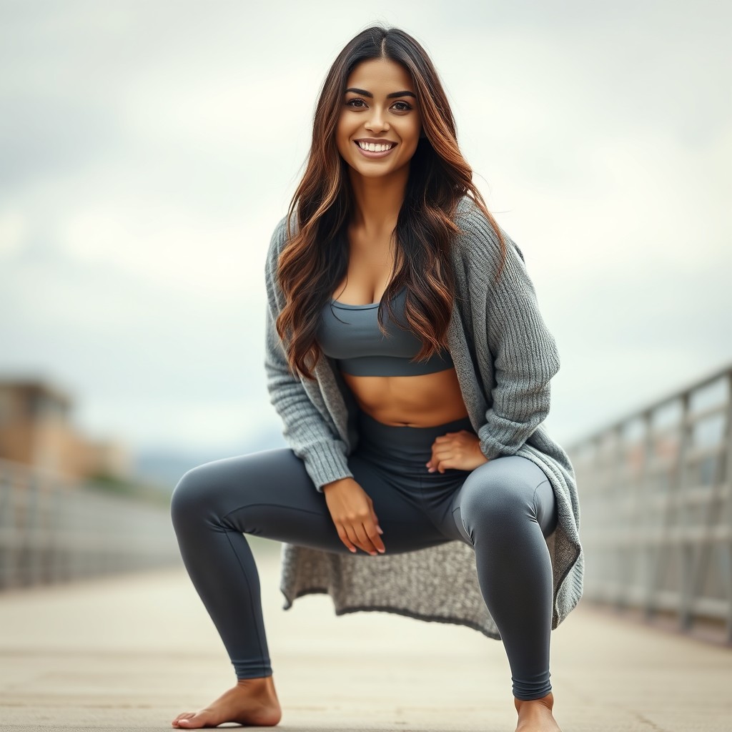 A beautiful and cute Latina woman with long brunette hair, smiling warmly at the viewer while performing a squat in stylish yoga leggings and a trendy crop top, complemented by a long, open sweater that adds a fashionable touch