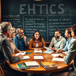 An engaging ethics workshop setting featuring a diverse group of adults engaged in thoughtful discussion