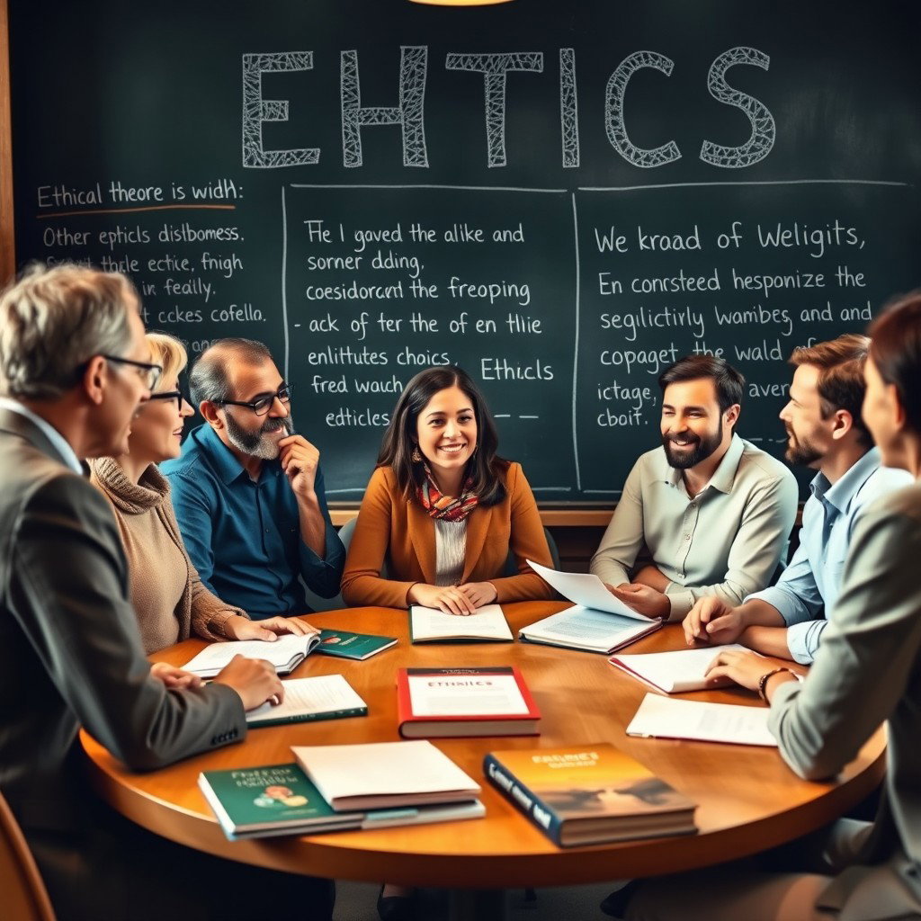 An engaging ethics workshop setting featuring a diverse group of adults engaged in thoughtful discussion