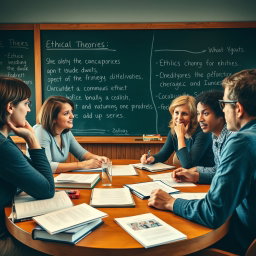 An engaging ethics workshop setting featuring a diverse group of adults engaged in thoughtful discussion