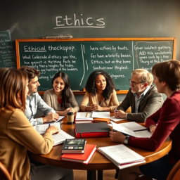 An engaging ethics workshop setting featuring a diverse group of adults engaged in thoughtful discussion
