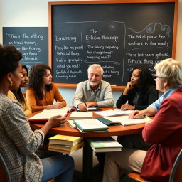 An engaging ethics workshop setting featuring a diverse group of adults engaged in thoughtful discussion