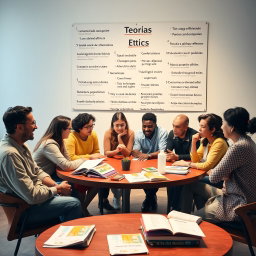 Un taller de ética vibrante y dinámico, donde un grupo diverso de adultos participa en una discusión apasionada