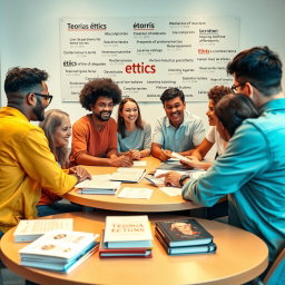 Un taller de ética vibrante y dinámico, donde un grupo diverso de adultos participa en una discusión apasionada