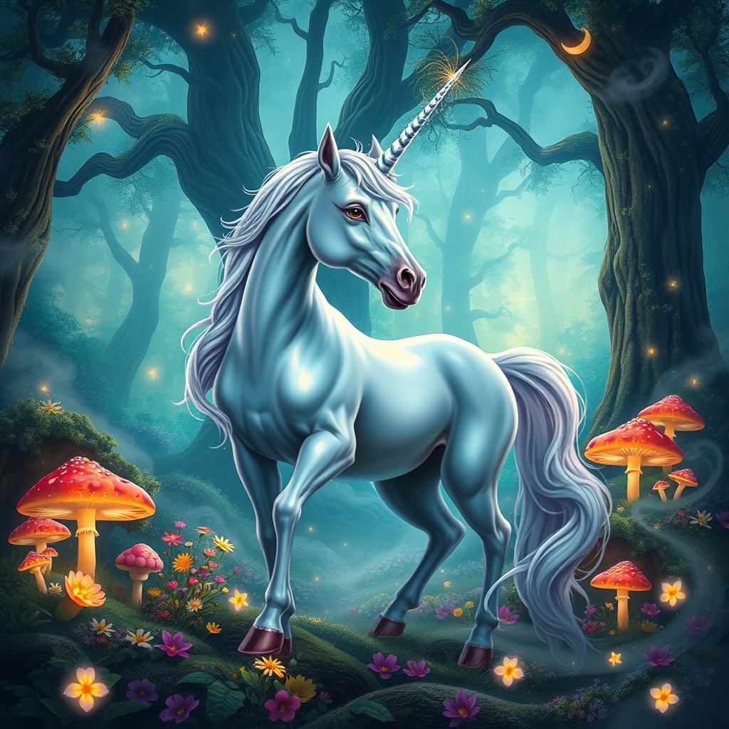 A mystical unicorn standing majestically in a fantasy forest, surrounded by glowing mushrooms, ethereal flowers, and twinkling fairy lights