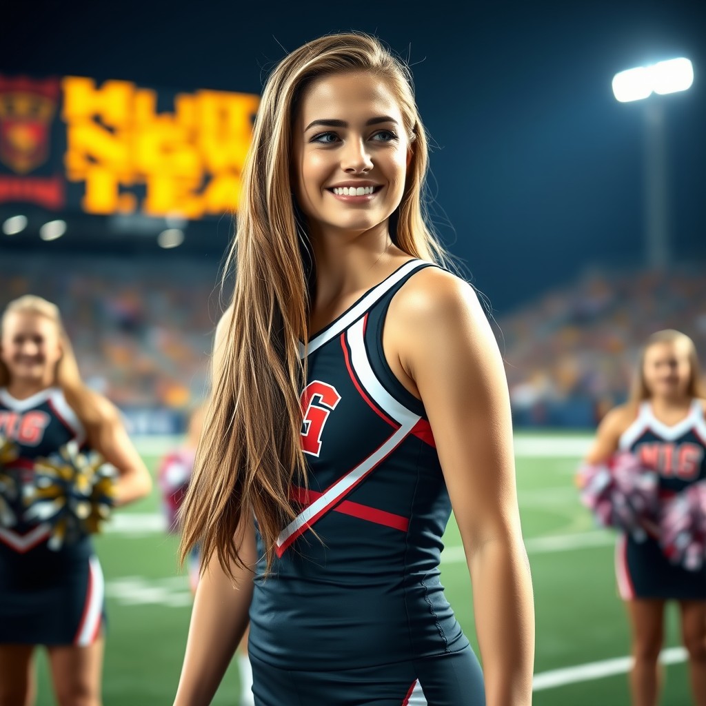 A hot cheerleader, with long flowing hair and a radiant smile, standing on a sports field, looking slightly out of breath after a spirited cheer routine