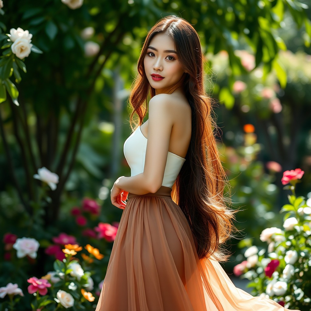A beautiful young Chinese woman with an elegant and captivating appearance, showcasing a G cup size