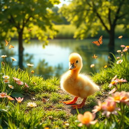 A cute baby duckling waddling near a pond, surrounded by blooming flowers and green grass