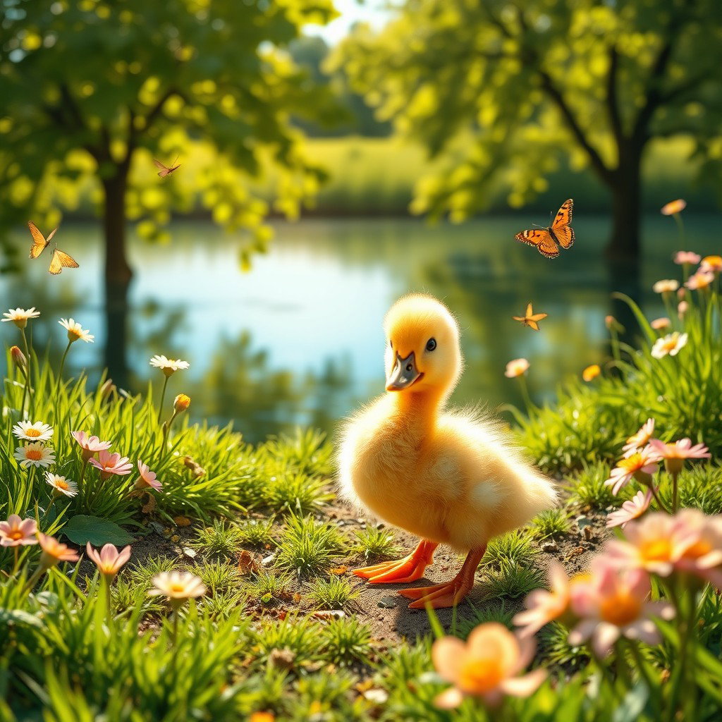 A cute baby duckling waddling near a pond, surrounded by blooming flowers and green grass