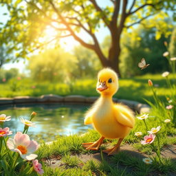 A cute baby duckling waddling near a pond, surrounded by blooming flowers and green grass