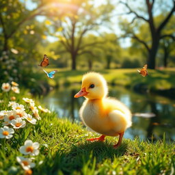 A cute baby duckling waddling near a pond, surrounded by blooming flowers and green grass