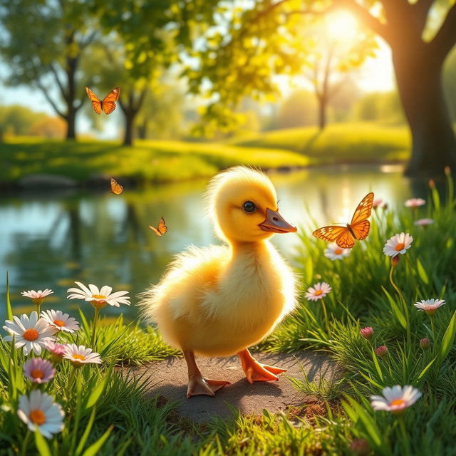 A cute baby duckling waddling near a pond, surrounded by blooming flowers and green grass
