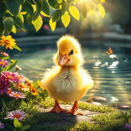 A cute baby duckling waddling near a pond, surrounded by colorful flowers and vibrant greenery