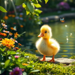A cute baby duckling waddling near a pond, surrounded by colorful flowers and vibrant greenery