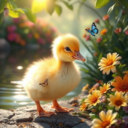 A cute baby duckling waddling near a pond, surrounded by colorful flowers and vibrant greenery