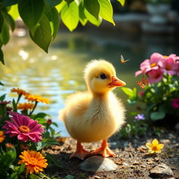 A cute baby duckling waddling near a pond, surrounded by colorful flowers and vibrant greenery