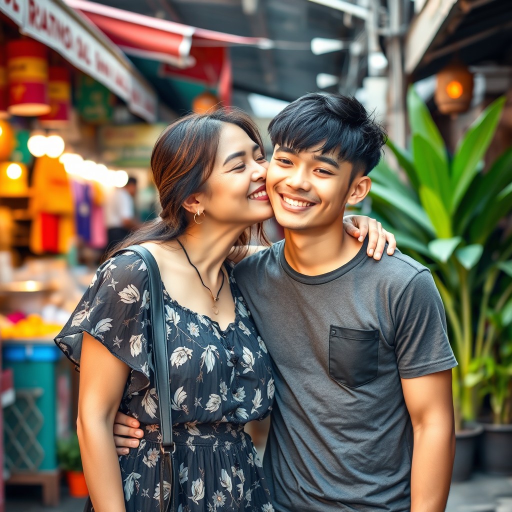 A beautiful 45-year-old Thai woman with attractive features, playfully kissing the cheek of a handsome 25-year-old man