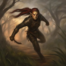 A high-quality digital art image of a Githyanki Rogue dashing through a misty swamp, dressed in dark leather armor with red accents, and wielding a curved dagger