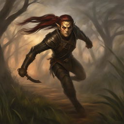 A high-quality digital art image of a Githyanki Rogue dashing through a misty swamp, dressed in dark leather armor with red accents, and wielding a curved dagger