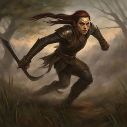 A high-quality digital art image of a Githyanki Rogue dashing through a misty swamp, dressed in dark leather armor with red accents, and wielding a curved dagger