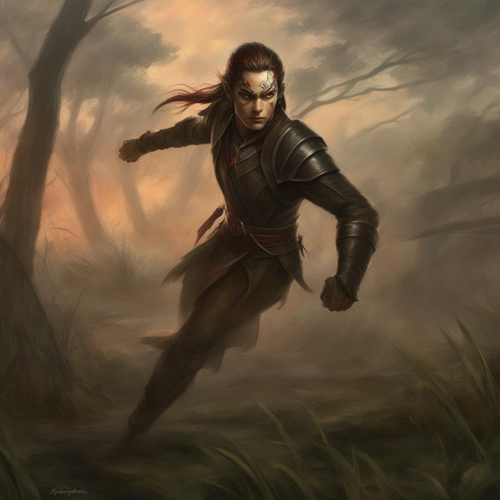 A high-quality digital art image of a Githyanki Rogue dashing through a misty swamp, dressed in dark leather armor with red accents, and wielding a curved dagger