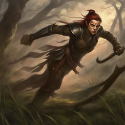 A high-quality digital art image of a Githyanki Rogue dashing through a misty swamp, dressed in dark leather armor with red accents, and wielding a curved dagger