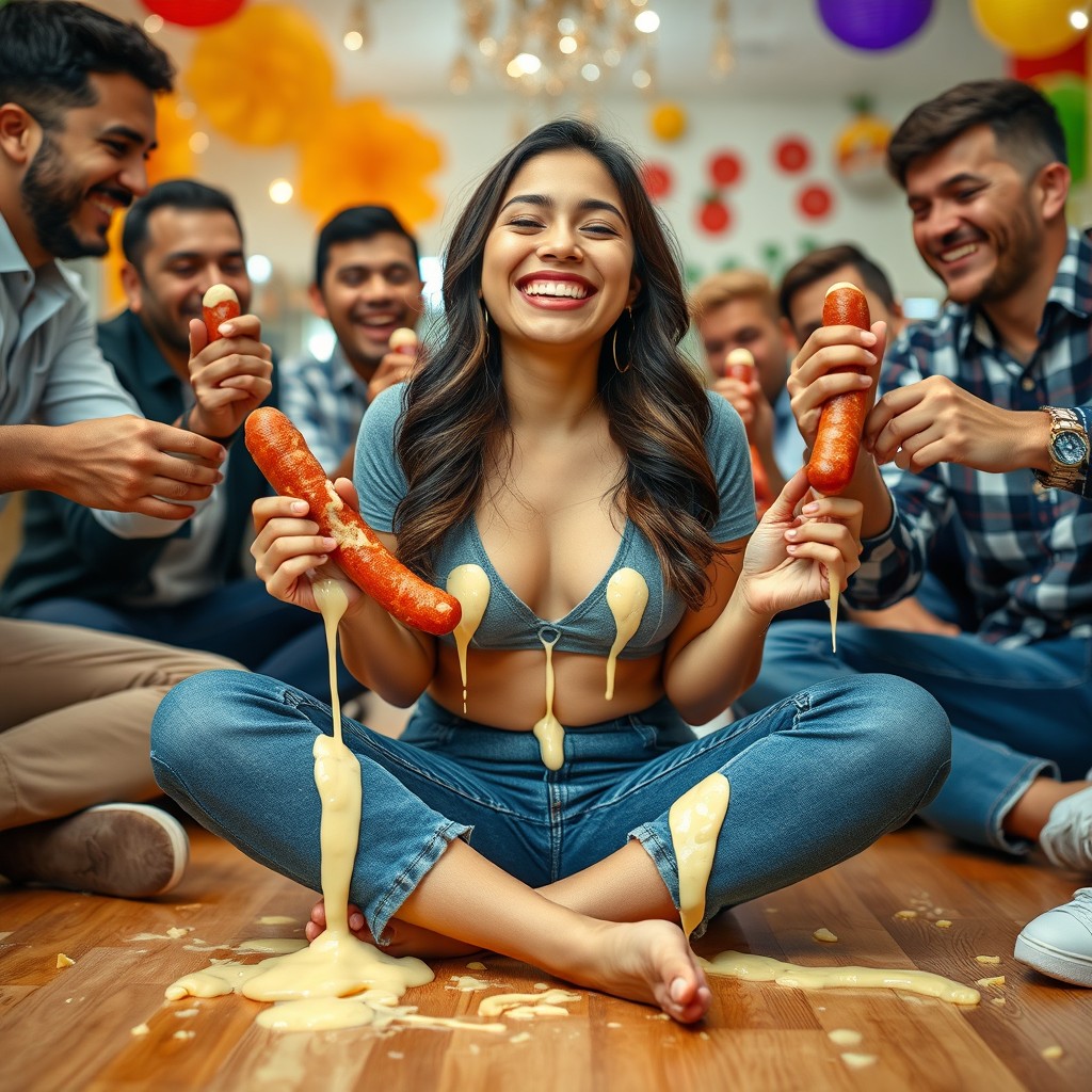 A young and attractive Colombian woman, 18 years old, sitting cross-legged on the floor with a joyous smile and her eyes closed, radiating happiness